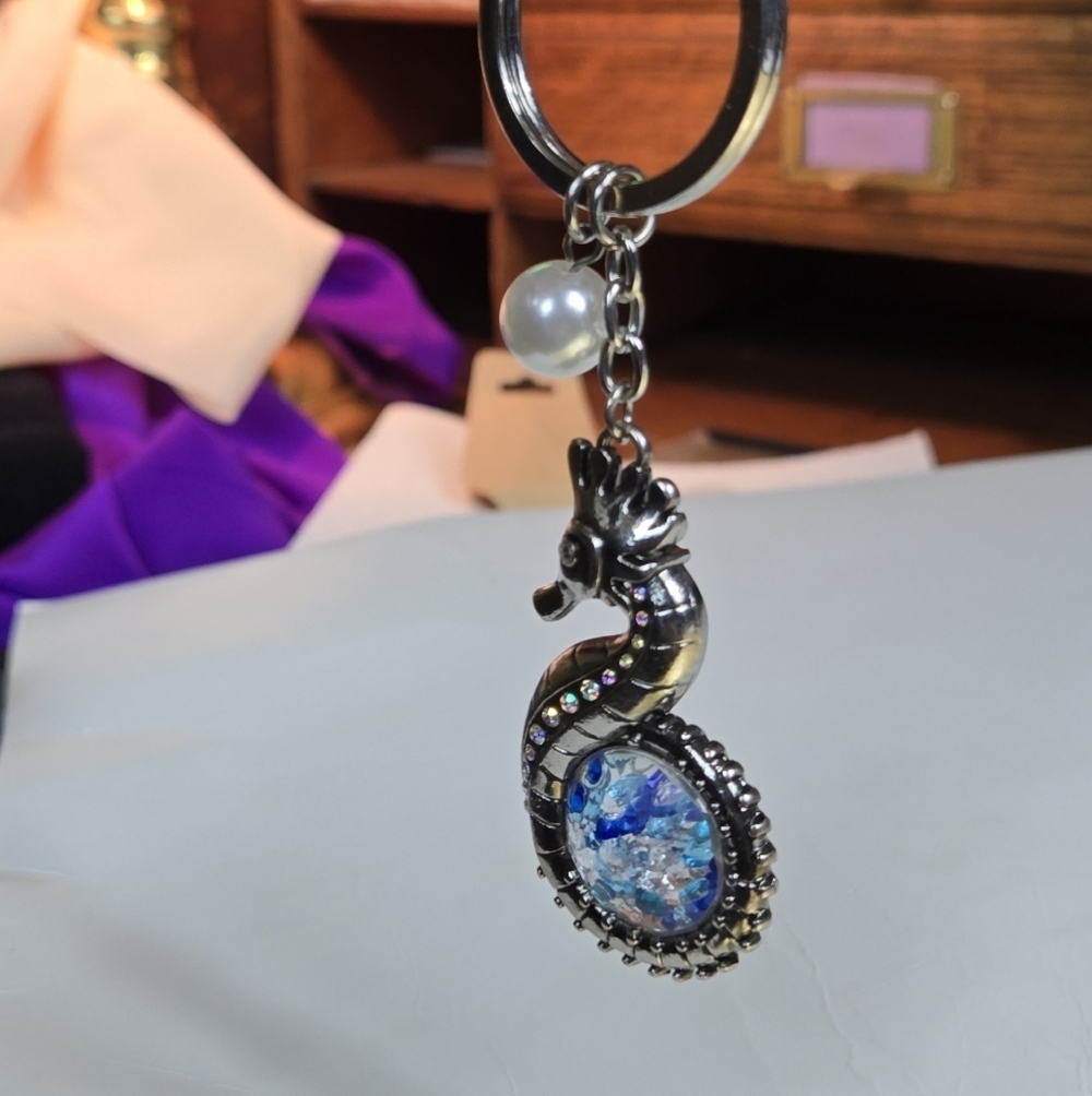 Silver Tone Vtg Seahorse Keychain/ Bag Charm  with Blue Crystal Accents - Picture 10 of 17